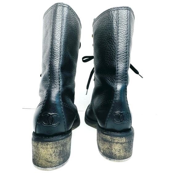 CHANEL Black Grained Leather Lace-Up Combat Boots with Gold Eyelets Size 36.5 - Picture 8 of 12
